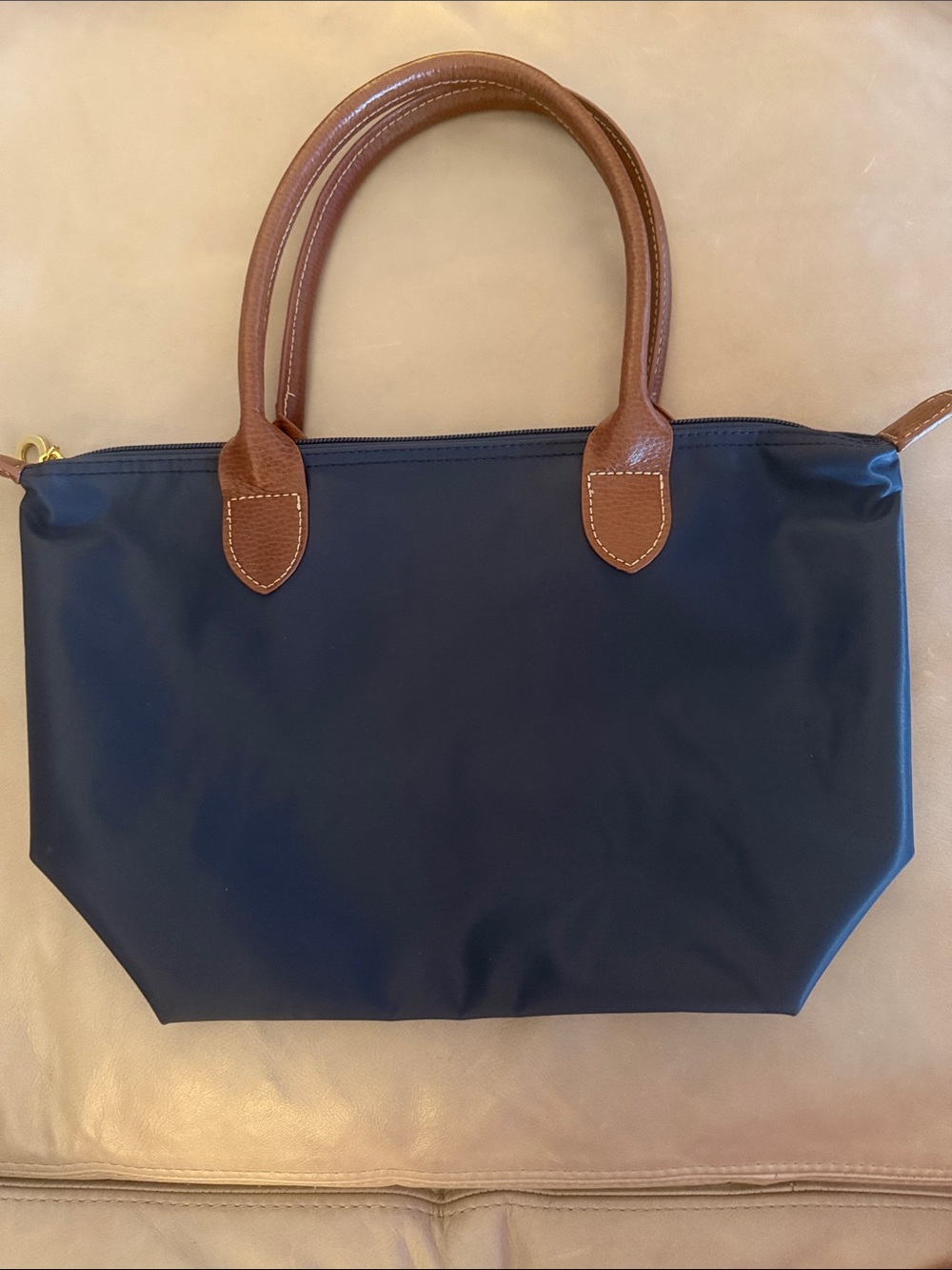 Classic Navy Tote Handbag with Brown Trim